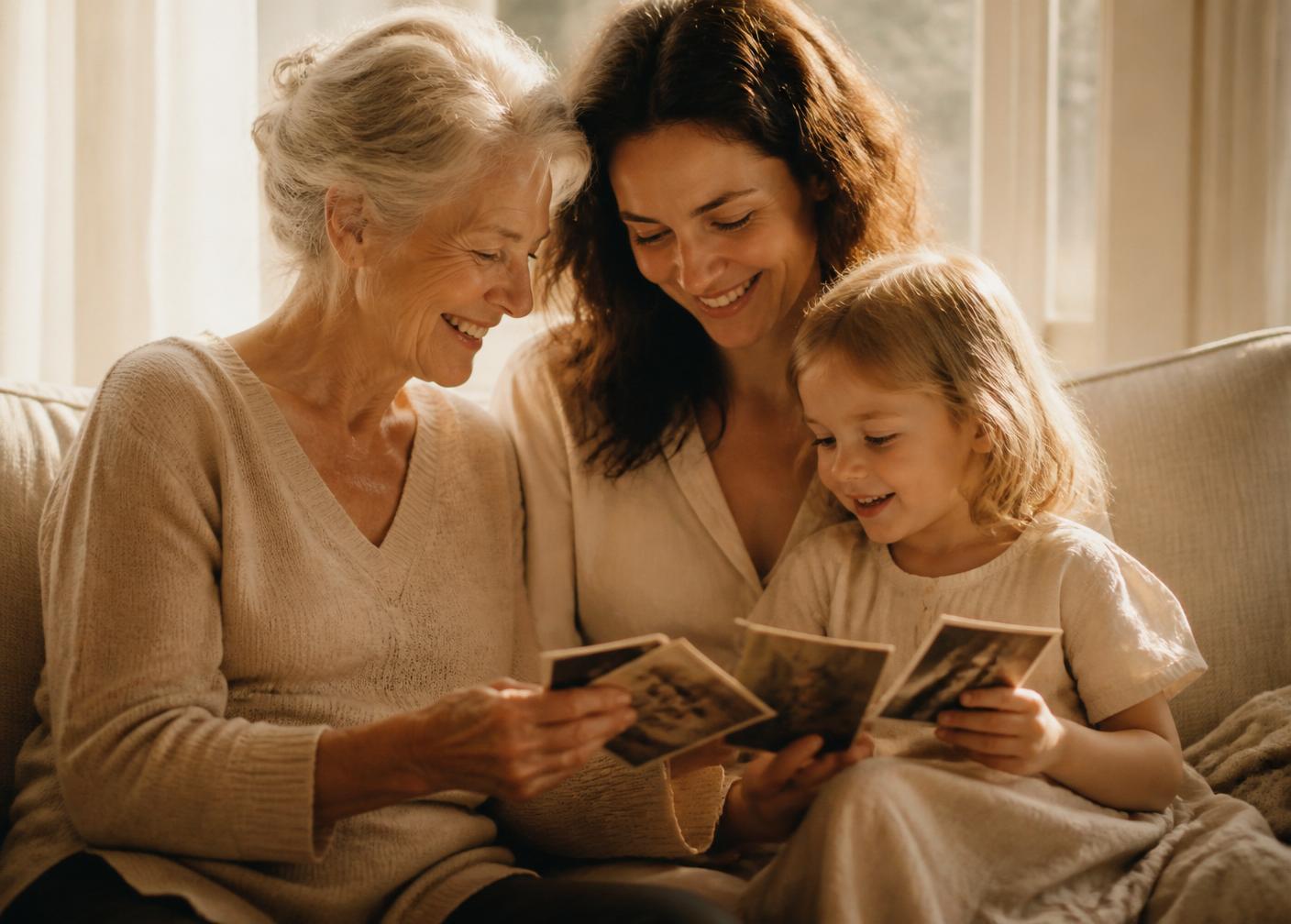Three generations of a family looking at photographs together