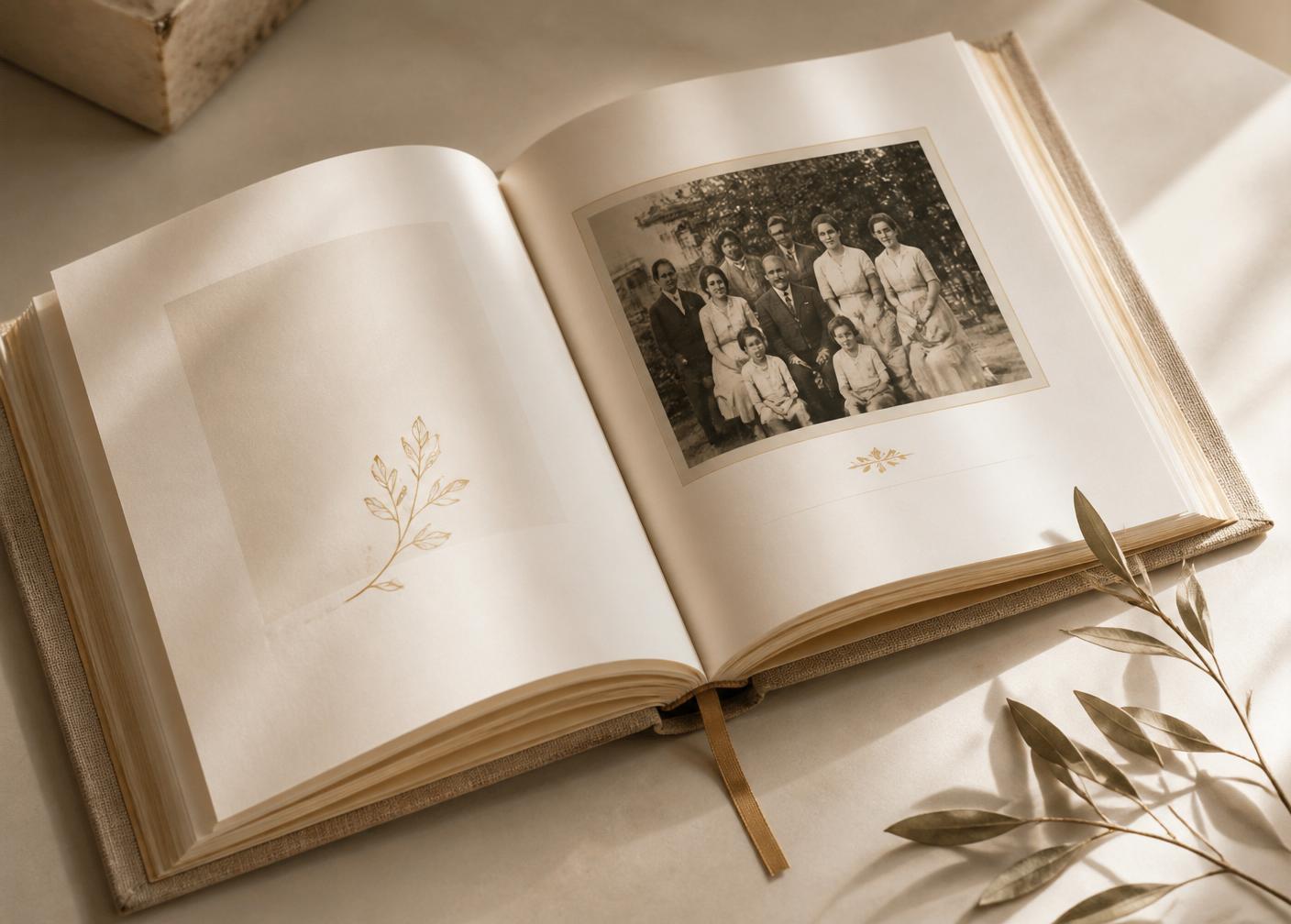 A handcrafted heirloom book resting open on a warm cream table