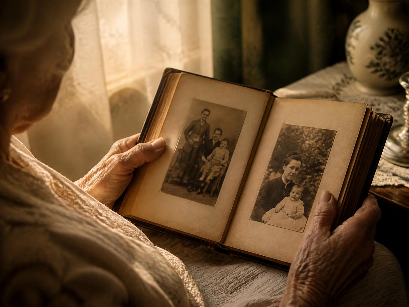 An elderly woman gently holding an open leather-bound family album by a window