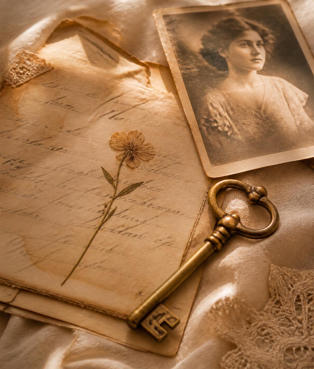 A pressed flower, a handwritten letter, a brass key and a sepia portrait on linen